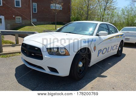 ANNAPOLIS ROYAL, NS, CANADA - MAY 21, 2016: Dodge Charger Police Car in Annapolis Royal, Nova Scotia, Canada. The historic core of Annapolis Royal was designated a National Historic Site of Canada in 1994.