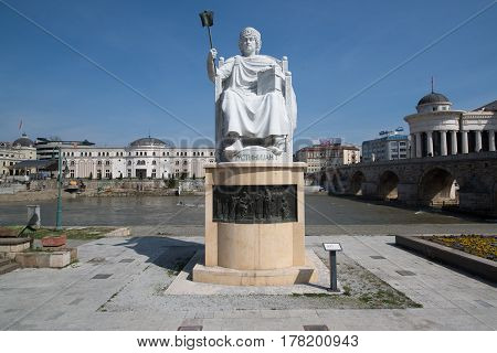 Skopje, Macedonia, march 20, 2017: Monument of Metodija Antodov Cento statue in the city center of Skopje, Macedonia