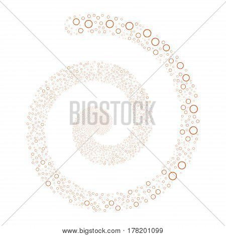 Circle Bubble fireworks swirling spiral. Vector illustration style is flat orange scattered symbols. Object helix combined from scattered pictographs.