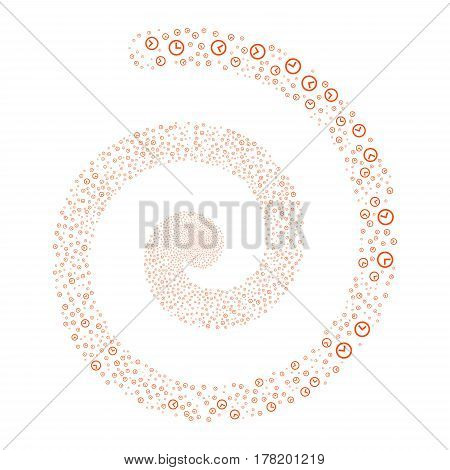 Clock fireworks whirl spiral. Vector illustration style is flat orange scattered symbols. Object twirl constructed from scattered symbols.