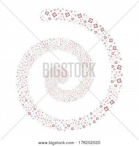 Alarm Clock fireworks swirl spiral. Vector illustration style is flat red scattered symbols. Object whirlpool combined from random pictograms.