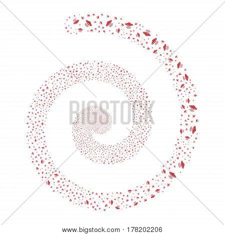 Alien Invasion fireworks whirlpool spiral. Vector illustration style is flat red scattered symbols. Object whirlpool combined from scattered pictographs.