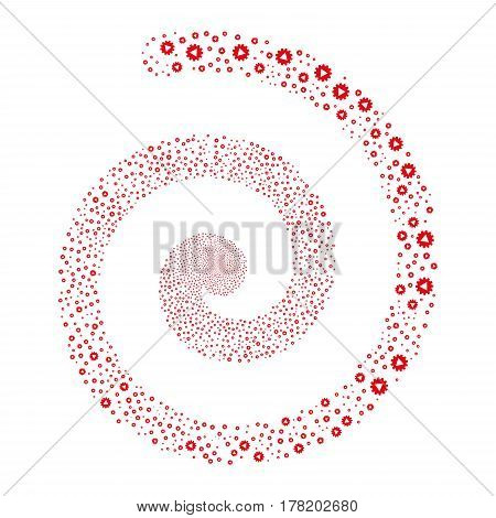 Automation fireworks burst spiral. Vector illustration style is flat red scattered symbols. Object whirl combined from scattered pictographs.