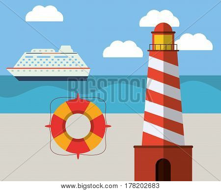 ligthouse beach lifebuoy ship ocean vector illustration eps 10