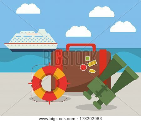 vacations ship suitcase binoculars and lifebuoy vector illustration eps 10