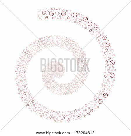 Clock fireworks burst spiral. Vector illustration style is flat red scattered symbols. Object swirling combined from scattered pictographs.