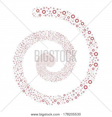 Cogwheel fireworks burst spiral. Vector illustration style is flat red scattered symbols. Object whirl made from random design elements.