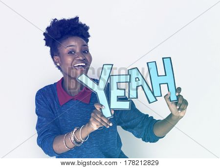 Smiling African Woman Holding Yeah Word