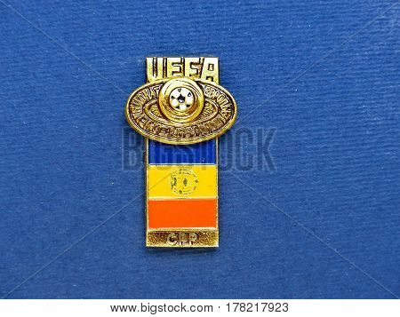 USSR - CIRCA 1984: Badge with the image ball and flag Romania, the inscription 