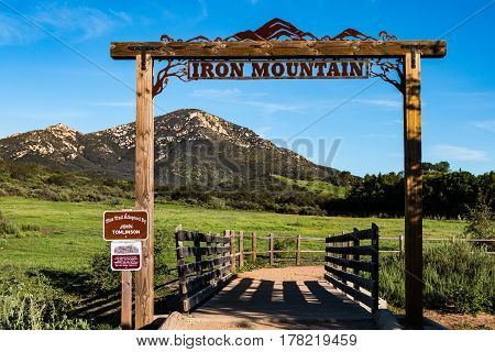 POWAY, CALIFORNIA - MARCH 16, 2017:  Signage at the entrance to the Iron Mountain trail, a looped trail of 5.6 miles of moderate intensity.