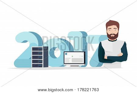 Vector Illustration in Flat Style of a Handsome Man with Server Rack and Monitor in Front of Big Digits