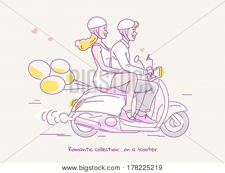 Young couple traveling on scooter with balloons behind. Line vector illustration