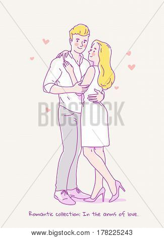 Young cute couple hug.In the arms of love. Vector line illustration