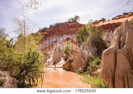 Colorful sandstone rock formations in Mui Ne. Fairy Spring Vietnam Mui Ne