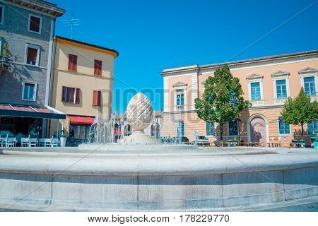 Fountain in Santarcangelo with pine cones italy Europe