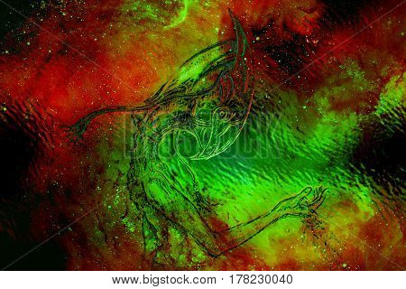 Allien creature with star dust in hand symbolizing finiteness and passing away of time