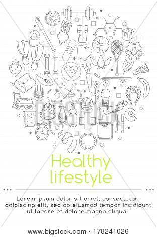 Vector banner of icons for your web design. Banner includes icons of healthy food and sport. Healthy lifestyle concept.