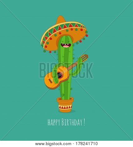 funny birthday smyling cactus personage in pot