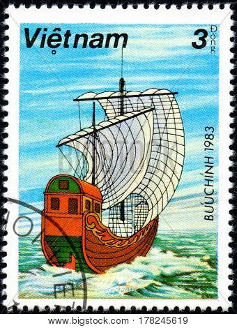 UKRAINE - CIRCA 2017: A postage stamp printed in Vietnam shows old sailing ship with white sails series Boats circa 1983