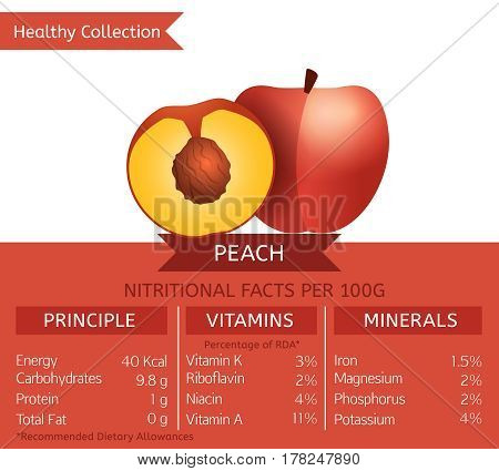 Peach health benefits. Vector illustration with useful nutritional facts. Essential vitamins and minerals in healthy food. Medical, healthcare and dietory concept.