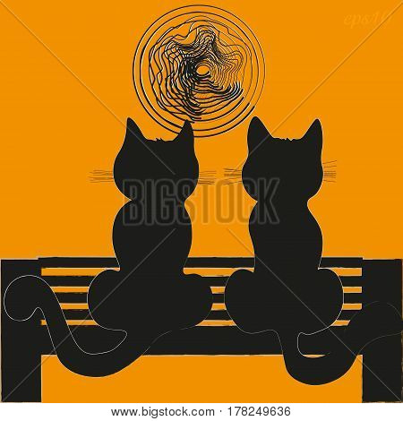 Two cats on a bench
Silhouette image home favorite orange background sky moon evening two mammal's tail mustache ears sitting on a bench abstraction stock vector illustration
