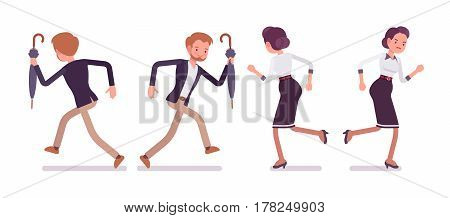 Set of young unhappy lady and happy gentleman in elegant smart casual wear, running away from each other, bad relationships, broken friendship, full length, front, rear view isolated, white background