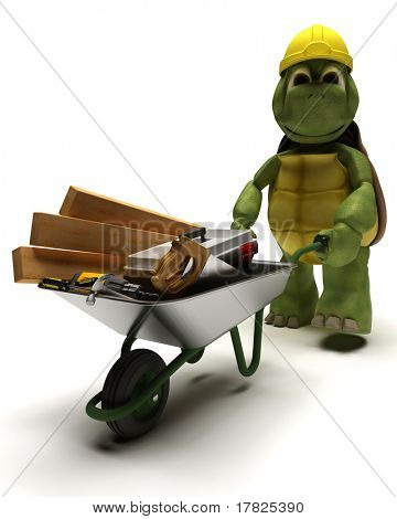 3D render of a tortoise Builder with a wheel barrow carrying tools