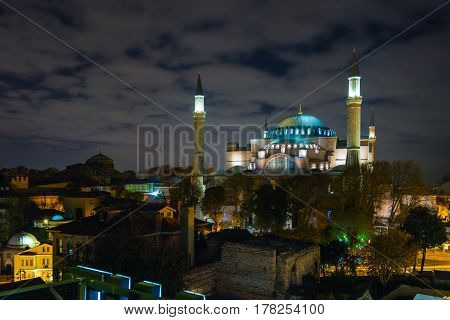 Night View of Istanbul historical Downtown and Sophia Cathedral illuminated with spotlights