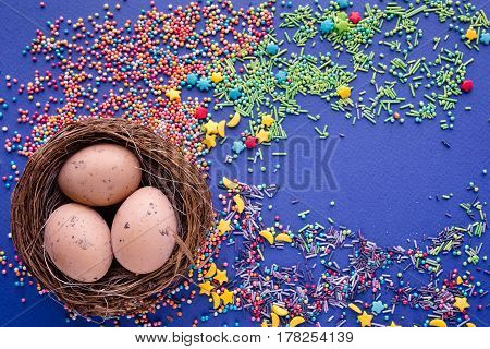 Easter Set With Eggs And Flower On Blue Background Top View Mockup