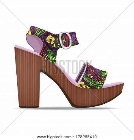 Vector shoes, women's sandals with floral print from open-topped and high heels, isolated on white background