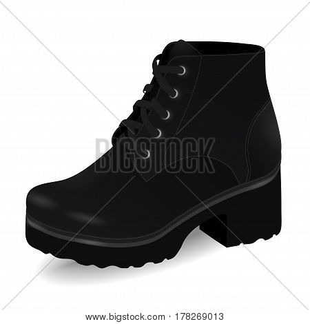 Vector shoes, women's black high boots on low-heeled with shoelaces, isolated on white background
