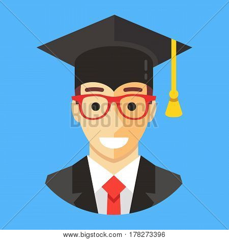 Smiling graduate student wearing mortarboard. Happy man with square academic cap. Graduation concepts. Modern flat design vector illustration