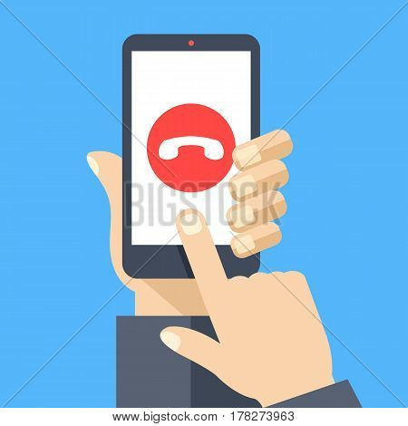 Decline phone call button on smartphone screen. Hand holding smartphone, finger touching screen. Reject call. Modern concept for web banners, web sites, infographics. Flat design vector illustration