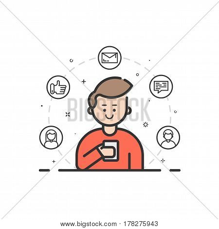 Vector illustration in flat bold filled outline style. Boy holding mobile phone with smile on his face - receiving comments, notifications and appreciations from his customers and followers - stock.