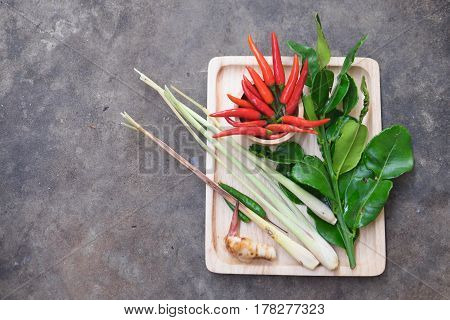 Ingredients Thai Food "TUM-YAM" Traditional food of Thailand on wood tray closeup shot