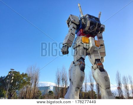 ODAIBA - TOKYO, JAPAN - 17 February 2017: Statue of Gundam at DivercCity Tokyo Plaza in Tokyo. It is ratio 1:1 of Gundam Statue Performances a the biggest Gundam in the world.