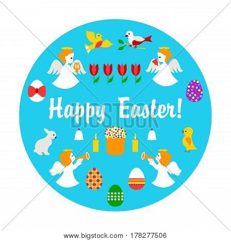 Easter background on blue. Vector illustration of color eggs, flowers and angels.