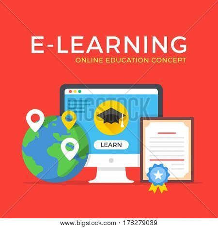 E-learning, online education, elearning, online courses concepts. Modern flat design graphic elements set for web banners, websites, infographics, printed materials. Vector illustration