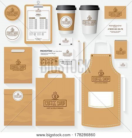 Coffee shop corporate identity template set with cup of coffee logo. Restaurant cafe set card, flyer, menu, package, uniform design set. Vector Illustration
