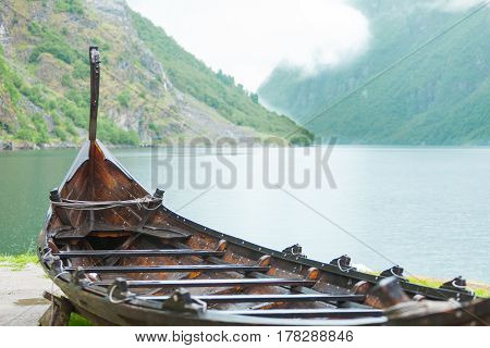 Old Wooden Viking Boat In Norwegian Nature