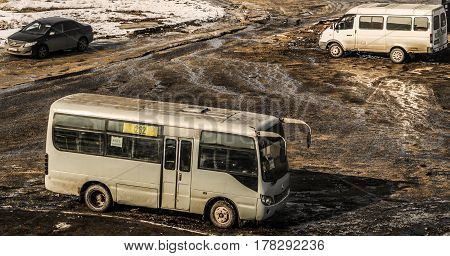 Kazakhstan, Ust-kamenogorsk, march 12, 2017: Top view of the final bus stop