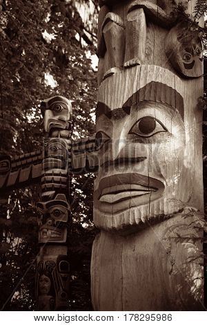 Totem Pole in Capilano park, Vancouver, Canada.