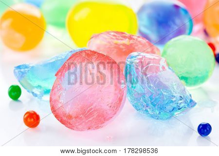 Color balls colored polymer gel hydrogel beads isolated on white background