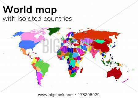 Political world map with isolated countries and continents . Multi colored map