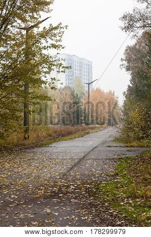 Pripyat. Ghost town in Chernobyl Exclusion Zone. Abandoned park and house.