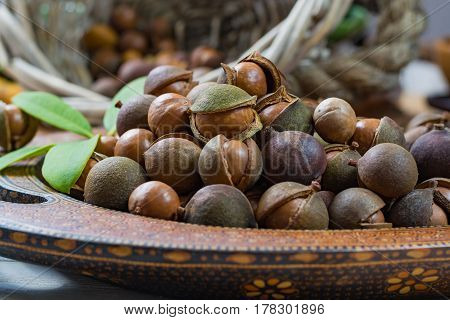 Macadamia nuts harvest close up with leaves