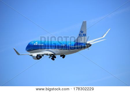 Amsterdam the Netherlands - March 25th 2017: PH-EXI KLM Cityhopper Embraer ERJ-175 takeoff from Polderbaan runway.