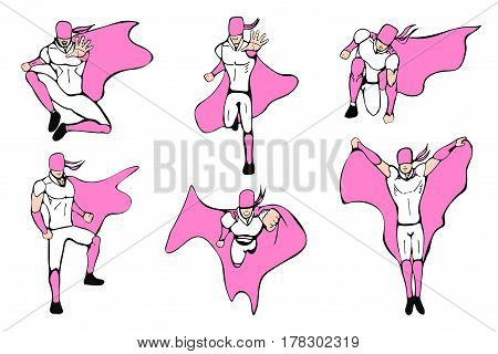 Supermen actions set. Hand drawn vector illustration. Superhero models in various poses.