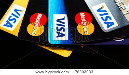 Estonia, Tallinn, March 23, 2017. Plastic card VISA, Mastercard. Selective focus