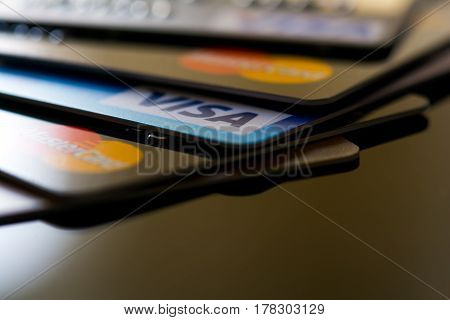 Estonia, Tallinn, March 23, 2017. Plastic card VISA, Mastercard. Selective focus